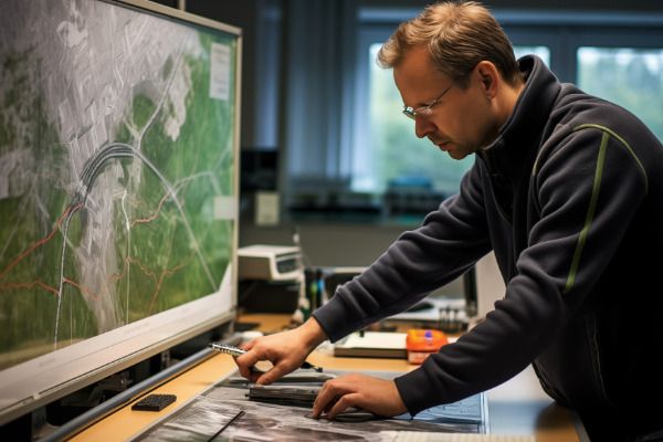 Person working on a large printed map and a computer screen displaying a detailed topographic design