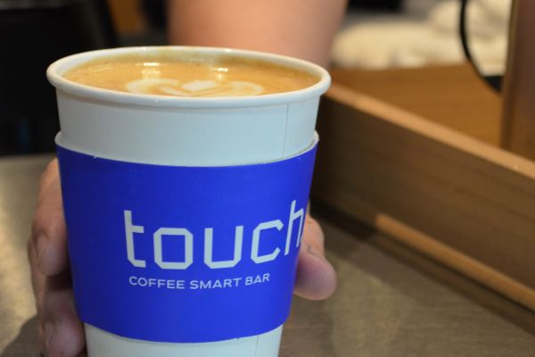 Touch Coffee cup, white cup, blue label 