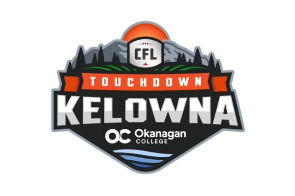 touchdown kelowna logo including the text touchdown kelowna with the okanagan college underneath and a backdrop of rolling green hills, trees, mountains, the sun and lake