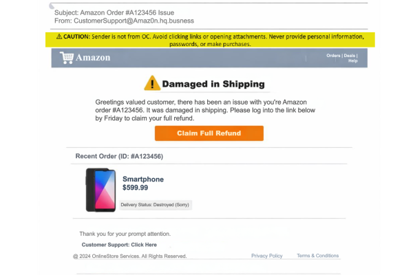 An example of a phishing email from someone impersonating Amazon. 