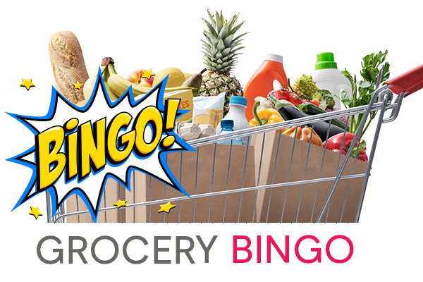 Grocery cart full of food, text: BINGO Grocery BINGO