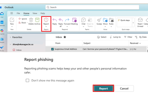 Button for reporting phishing emails in Outlook with the confirmation window underneath.