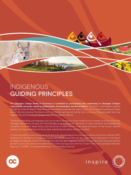 Image of cover of booklet stating Indigenous Guilding principles with imagery of coyote, canoe, flowers