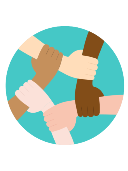 graphic of group of multicultural hands grasped together in unity 