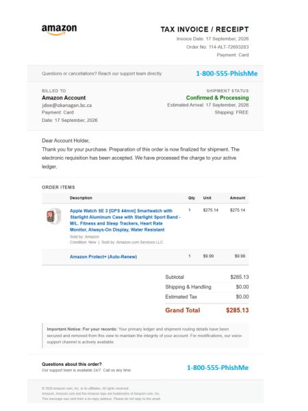 A fake Amazon invoice email for an Apple Watch. 