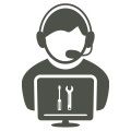 An icon of a person with a headset behind a computer with a wrench and screwdriver images