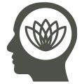 The silhouette of a head with a flower icon in the center