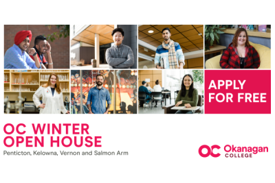 Okanagan College winter open house 2025 "Apply for free" 