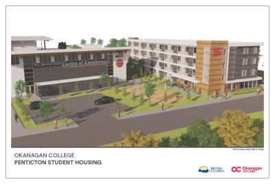 Okanagan College Penticton student housing display. A modern designed building with the Okanagan College logo.