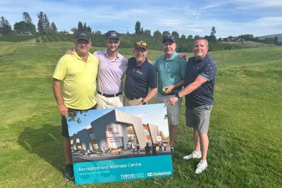 From left to right: Jim Kentel, Braden McKay, Robin Smith, President of the Rotary Club of Kelowna, Geoff McIntyre and Darcy Haw.