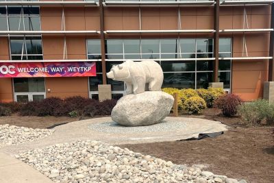light granite sculpture of a single bear