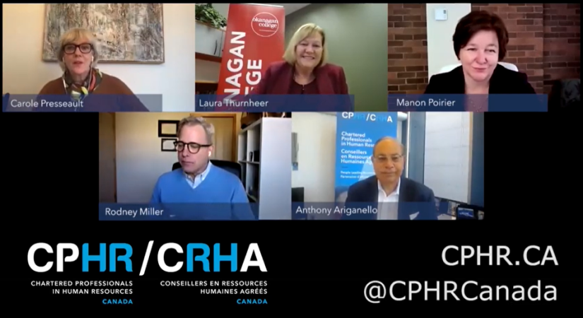 Screenshot of five panelists talking on a call