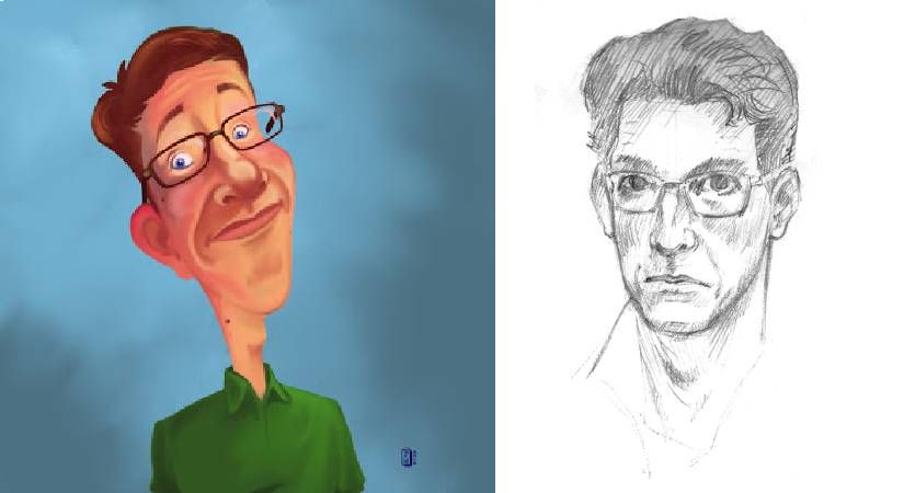 Animation Professor James Wood shares two artistic renderings of himself: a colour caricature on the left and sketchy self-portrait on the right.