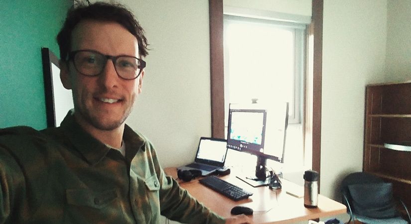 SCMT Professor Ashley Lubyk in the virtual classroom space set up on campus.