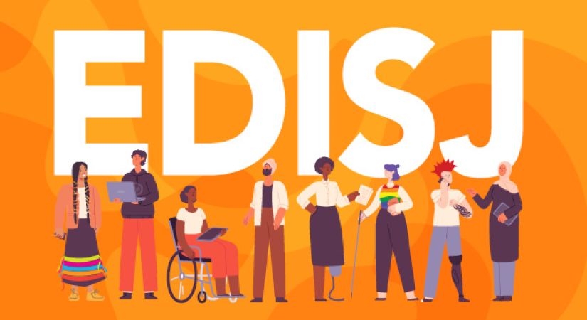 Diverse characters stand in front of the letters of "EDISJ"