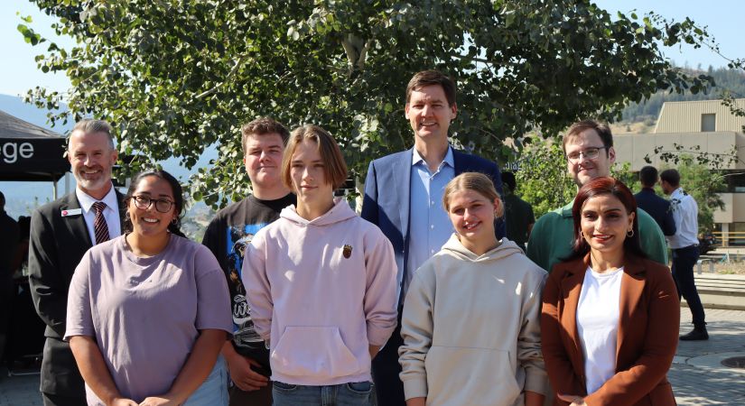 OC students along with Premier David Eby, MLA for Vernon-Monashee Harwinder Sandhu, and OC president Dr. Neil Fassina.