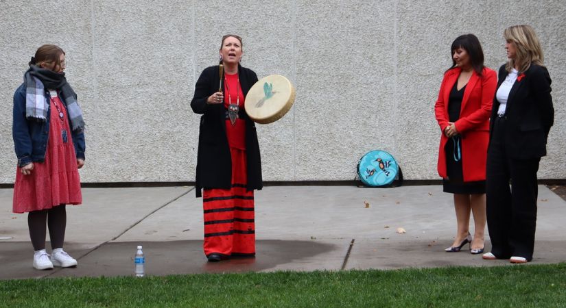 Rhea Dupuis, OC’s Director of Indigenous Relations and Reconciliation leads a ceremonial drum circle in honour of MMIWG2SP 