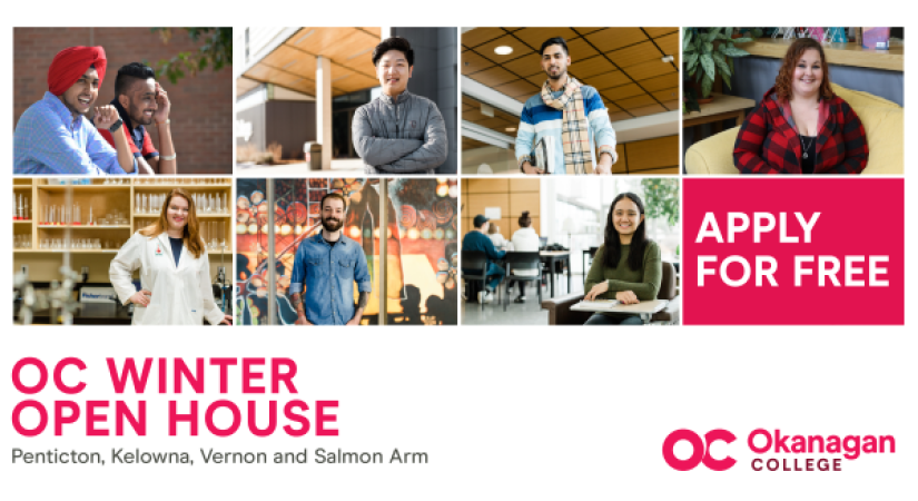 Okanagan College winter open house 2025 "Apply for free" 
