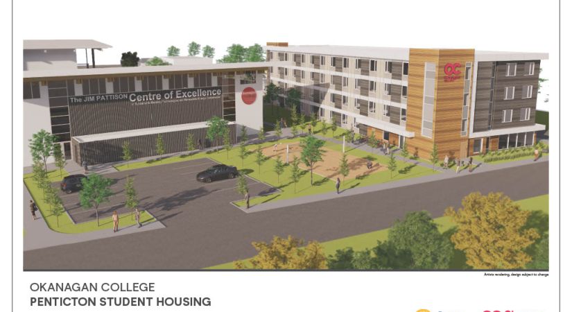 Okanagan College Penticton student housing display. A modern designed building with the Okanagan College logo.