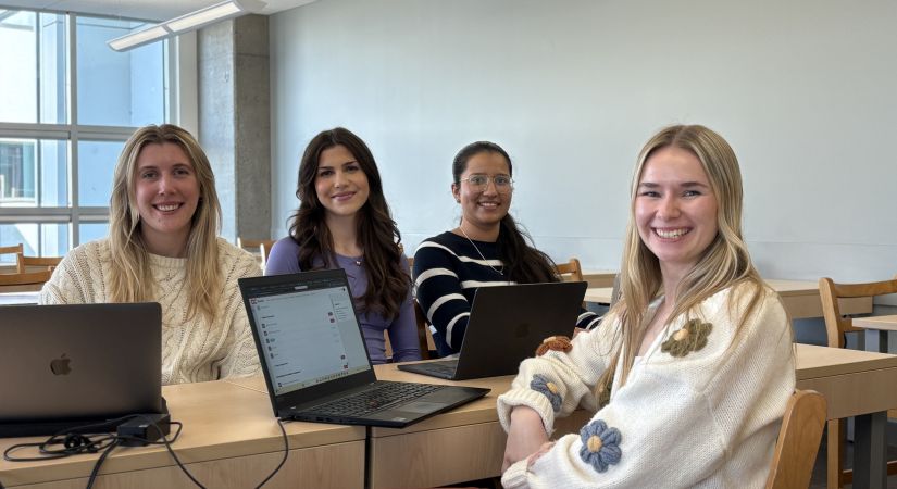 students_left_to_right_chloe_howe_hannah_romaniuk_harkirat_kaur_and_kadie_marshall_prepare_for_mock_media_conferences