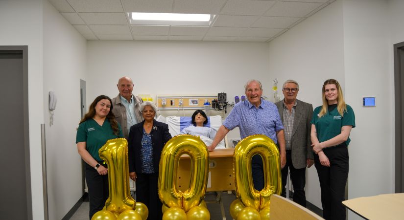 Thorpes and their friends (Bruce Hallquist and Orv Robson) along with OC students Angelina Sebastian and Keira Chevallier in the newly renovated Health Lab.
