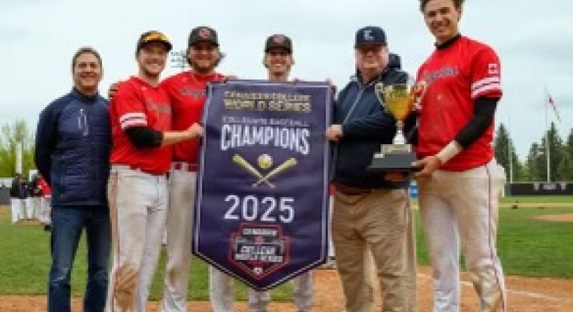 4 seniors receiving championship banner and trophy,  from Left to right, Ethan Skiffington, Teagan Ribbink, Cory Lawson, Adrian Orioli