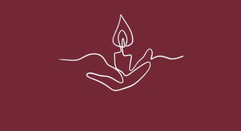 A minimalist line drawing on a maroon background depicts two hands holding a lit candle. The continuous white line forms the shape of the hands and the candle, with a flame at the top.