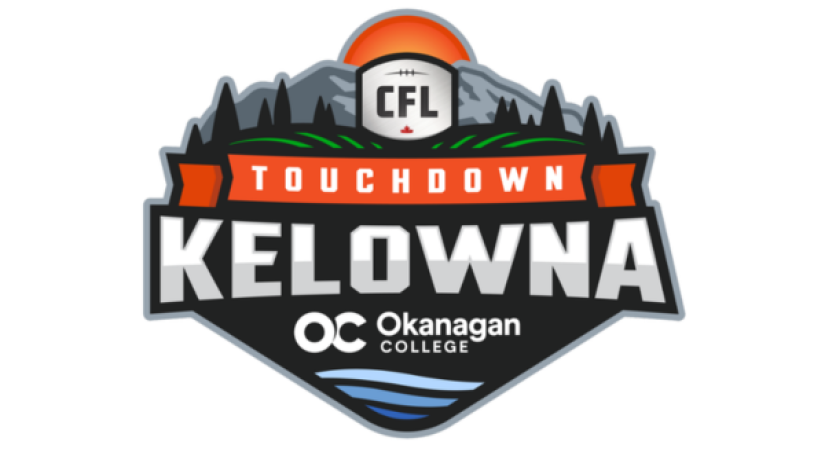 touchdown kelowna logo including the text touchdown kelowna with the okanagan college underneath and a backdrop of rolling green hills, trees, mountains, the sun and lake