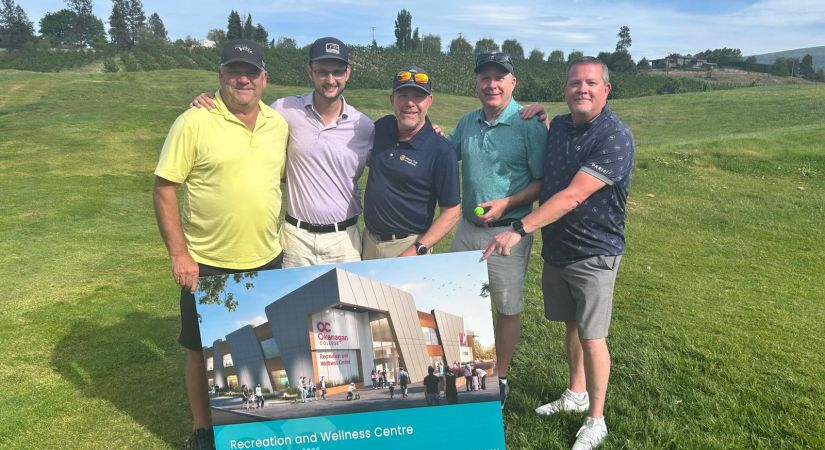 From left to right: Jim Kentel, Braden McKay, Robin Smith, President of the Rotary Club of Kelowna, Geoff McIntyre and Darcy Haw.